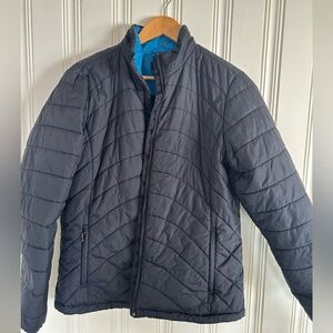 Lands End Women’s Large Black Puffer Jacket Coat Zip Front Winter Warm EUC